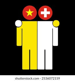 Flat illustration of two human figures with the Vietnam and Switzerland flags as heads. Minimalistic design, isolated background.
