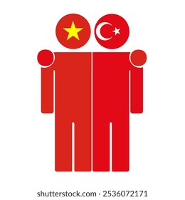 Flat illustration of two human figures with the Vietnam and Turkey flags as heads. Minimalistic design, isolated background.