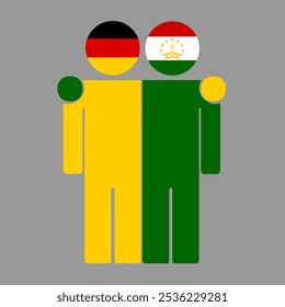 Flat illustration of two human figures with Germany and Tajikistan flags as heads. Minimalistic design, isolated background.