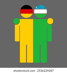 Flat illustration of two human figures with Germany and Uzbekistan flags as heads. Minimalistic design, isolated background.