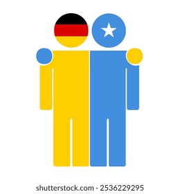 Flat illustration of two human figures with Germany and Somalia flags as heads. Minimalistic design, isolated background.