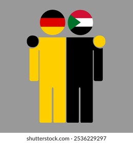 Flat illustration of two human figures with Germany and Sudan flags as heads. Minimalistic design, isolated background.