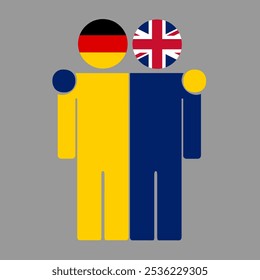 Flat illustration of two human figures with Germany and UK flags as heads. Minimalistic design, isolated background.