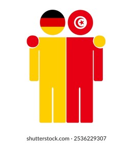 Flat illustration of two human figures with Germany and Tunisia flags as heads. Minimalistic design, isolated background.