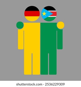 Flat illustration of two human figures with Germany and South Sudan flags as heads. Minimalistic design, isolated background.