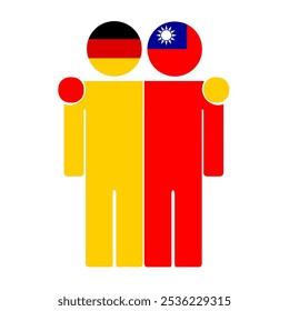 Flat illustration of two human figures with Germany and Taiwan flags as heads. Minimalistic design, isolated background.