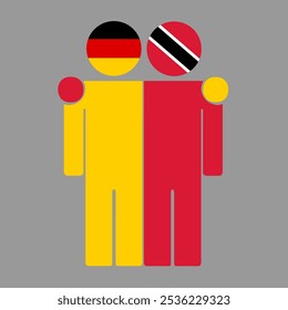 Flat illustration of two human figures with Germany, Trinidad and Tobago flags as heads. Minimalistic design, isolated background.
