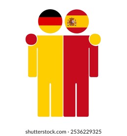 Flat illustration of two human figures with Germany and Spain flags as heads. Minimalistic design, isolated background.