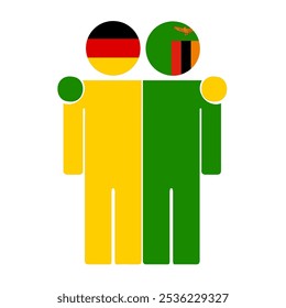 Flat illustration of two human figures with Germany and Zambia flags as heads. Minimalistic design, isolated background.