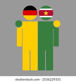 Flat illustration of two human figures with Germany and Suriname flags as heads. Minimalistic design, isolated background.