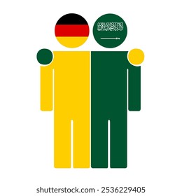 Flat illustration of two human figures with Germany and Saudi Arabia flags as heads. Minimalistic design, isolated background.