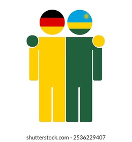 Flat illustration of two human figures with Germany and Rwanda flags as heads. Minimalistic design, isolated background.