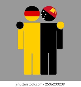 Flat illustration of two human figures with Germany and Papua New Guinea flags as heads. Minimalistic design, isolated background.