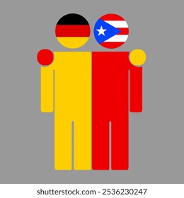 Flat illustration of two human figures with Germany and Puerto Rico flags as heads. Minimalistic design, isolated background.