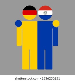 Flat illustration of two human figures with Germany and Paraguay flags as heads. Minimalistic design, isolated background.