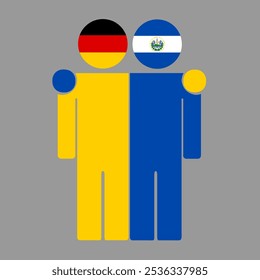 Flat illustration of two human figures with Germany and El Salvador flags as heads. Minimalistic design, isolated background.