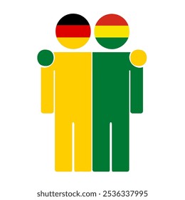 Flat illustration of two human figures with Germany and Bolivia flags as heads. Minimalistic design, isolated background.