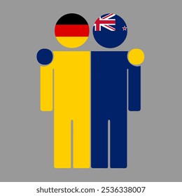 Flat illustration of two human figures with Germany and New Zealand flags as heads. Minimalistic design, isolated background.