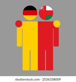 Flat illustration of two human figures with Germany and Oman flags as heads. Minimalistic design, isolated background.