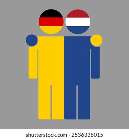 Flat illustration of two human figures with Germany and Netherlands flags as heads. Minimalistic design, isolated background.