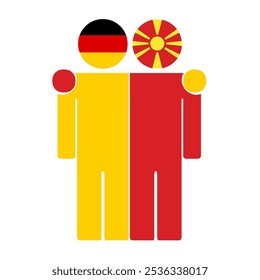 Flat illustration of two human figures with Germany and North Macedonia flags as heads. Minimalistic design, isolated background.