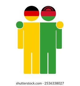 Flat illustration of two human figures with Germany and Malawi flags as heads. Minimalistic design, isolated background.