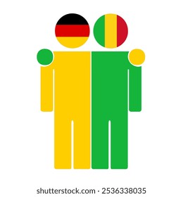 Flat illustration of two human figures with Germany and Mali flags as heads. Minimalistic design, isolated background.