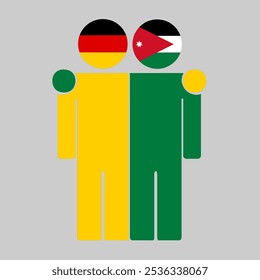 Ilustração plana de duas figuras humanas com bandeiras da Alemanha e da Jordânia como cabeças. Design minimalista, fundo isolado.
