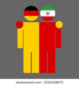Flat illustration of two human figures with Germany and Iran flags as heads. Minimalistic design, isolated background.