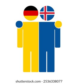 Flat illustration of two human figures with Germany and Iceland flags as heads. Minimalistic design, isolated background.