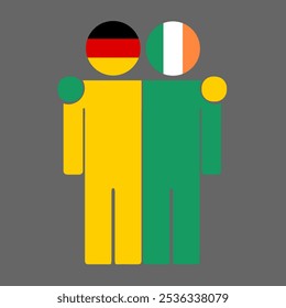 Flat illustration of two human figures with Germany and Ireland flags as heads. Minimalistic design, isolated background.