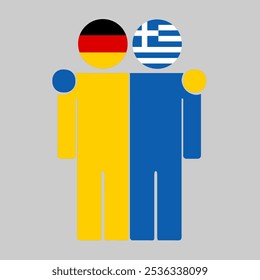 Flat illustration of two human figures with Germany and Greece flags as heads. Minimalistic design, isolated background.