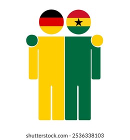 Flache Illustration von zwei menschlichen Figuren mit Deutschland- und Ghana-Flaggen als Köpfe. Minimalistisches Design, isolierter Hintergrund.