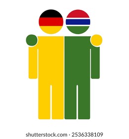 Flat illustration of two human figures with Germany and Gambia flags as heads. Minimalistic design, isolated background.