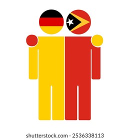 Flat illustration of two human figures with Germany and East Timor flags as heads. Minimalistic design, isolated background.