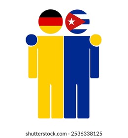 Flat illustration of two human figures with Germany and Cuba flags as heads. Minimalistic design, isolated background.