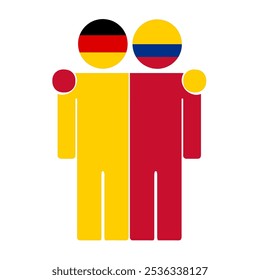 Flat illustration of two human figures with Germany and Colombia flags as heads. Minimalistic design, isolated background.