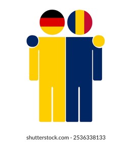 Flat illustration of two human figures with Germany and Chad flags as heads. Minimalistic design, isolated background.