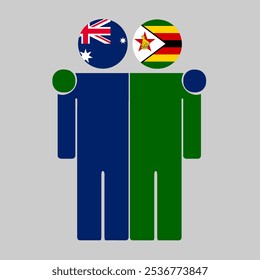 Flat illustration of two human figures with Australia and Zimbabwe flags as heads. Minimalistic design, isolated background.