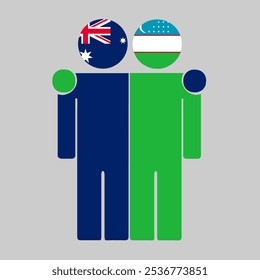 Flat illustration of two human figures with Australia and Uzbekistan flags as heads. Minimalistic design, isolated background.