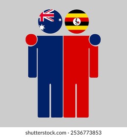Flat illustration of two human figures with Australia and Uganda flags as heads. Minimalistic design, isolated background.