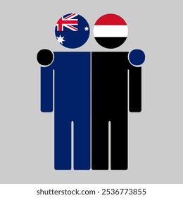 Flat illustration of two human figures with Australia and Yemen flags as heads. Minimalistic design, isolated background.