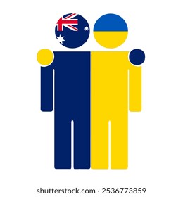 Flat illustration of two human figures with Australia and Ukraine flags as heads. Minimalistic design, isolated background.