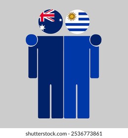 Flat illustration of two human figures with Australia and Uruguay flags as heads. Minimalistic design, isolated background.