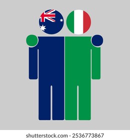 Flat illustration of two human figures with Australia and Italy flags as heads. Minimalistic design, isolated background.