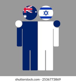 Flat illustration of two human figures with Australia and Israel flags as heads. Minimalistic design, isolated background.