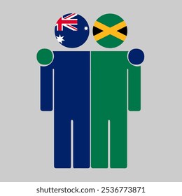 Flat illustration of two human figures with Australia and Jamaica flags as heads. Minimalistic design, isolated background.