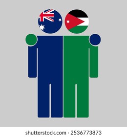 Flat illustration of two human figures with Australia and Jordan flags as heads. Minimalistic design, isolated background.