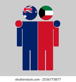 Ilustração plana de duas figuras humanas com bandeiras da Austrália e do Kuwait como cabeças. Design minimalista, fundo isolado.