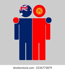 Flat illustration of two human figures with Australia and Kyrgyzstan flags as heads. Minimalistic design, isolated background.